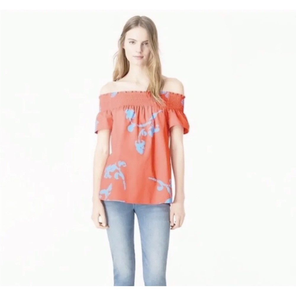 Tory Burch orange off shoulder blue floral blouse size 8